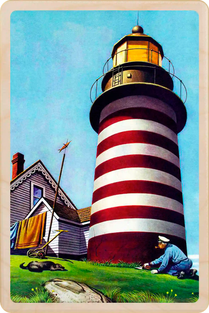 Lighthouse Keeper, wooden postcard to send and keep and display. Originally created as a cover for the Saturday Evening Post, 1945. Stevan Dohanos ©The Saturday Evening Post. The Wooden Postcard Company