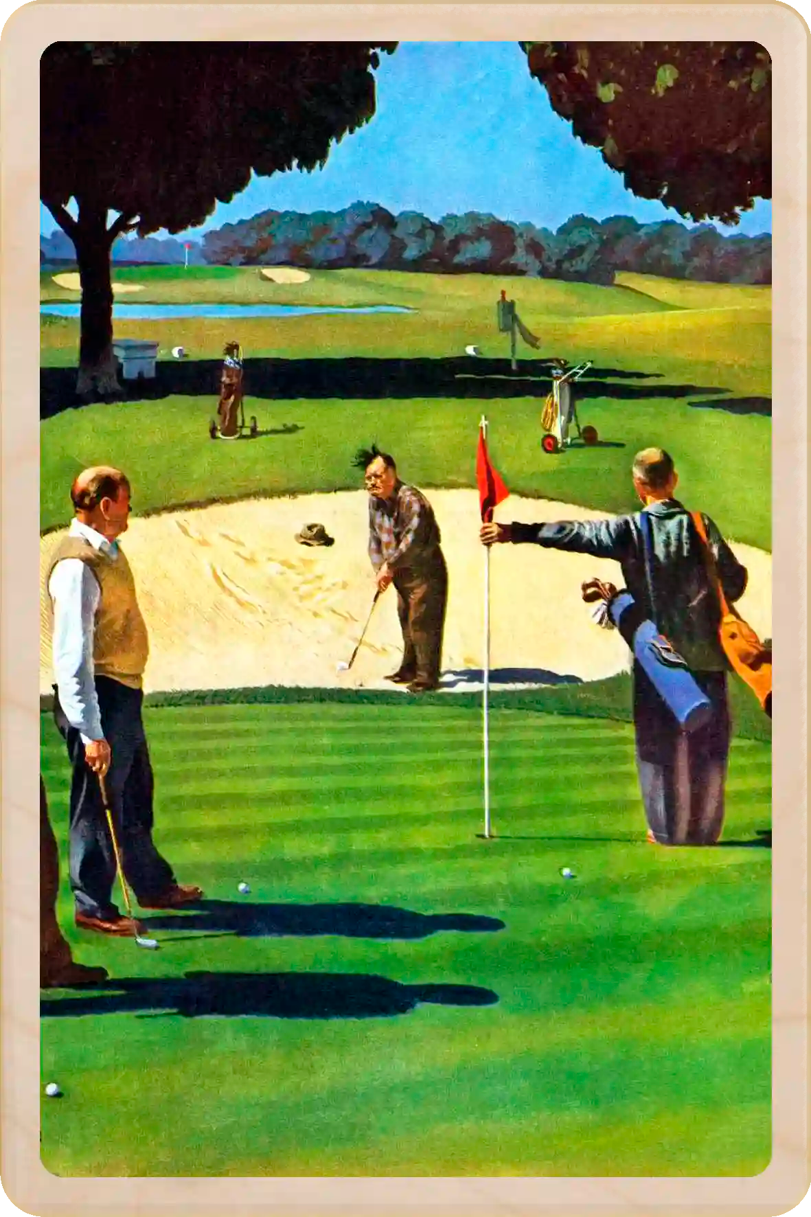 Sand Trap, wooden postcard to send and keep and display. Originally created as a cover for the Saturday Evening Post, 1948. John Falter ©The Saturday Evening Post. The Wooden Postcard Company