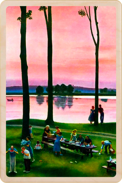 Evening Picnic, wooden postcard to send and keep and display. Originally created as a cover for the Saturday Evening Post, 1951. John Falter ©The Saturday Evening Post. The Wooden Postcard Company