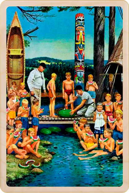 Watermelons at Camp, wooden postcard to send and keep and display. Originally created as a cover for the Saturday Evening Post, 1953. Stevan Dohanos ©The Saturday Evening Post. The Wooden Postcard Company