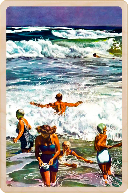 Surf Swimming, wooden postcard to send and keep and display. Originally created as a cover for the Saturday Evening Post, 1948. John Falter ©The Saturday Evening Post. The Wooden Postcard Company