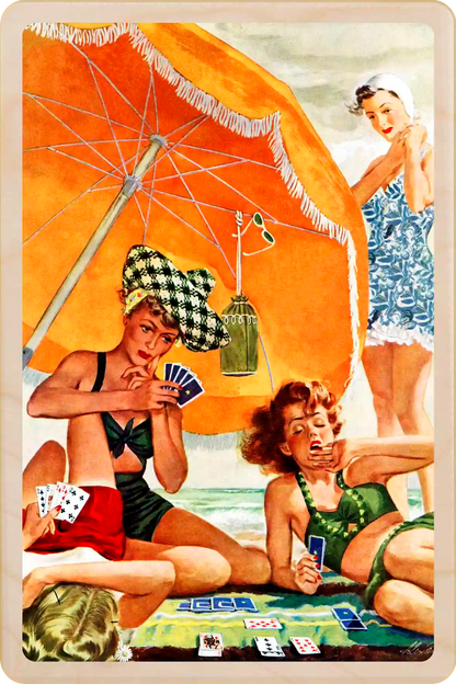 Card Game on the Beach, wooden postcard to send and keep and display. Originally created as a cover for the Saturday Evening Post, 1943. Alex Ross ©The Saturday Evening Post. The Wooden Postcard Company
