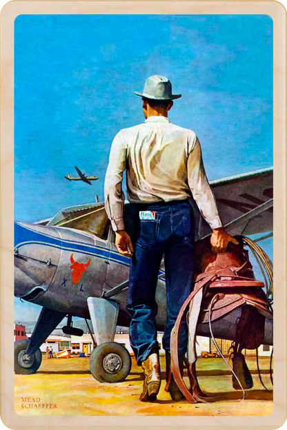 Flying Cowboy, wooden postcard to send and keep and display. Originally created as a cover for the Saturday Evening Post, 1952. Mead Schaeffer ©The Saturday Evening Post. The Wooden Postcard Company