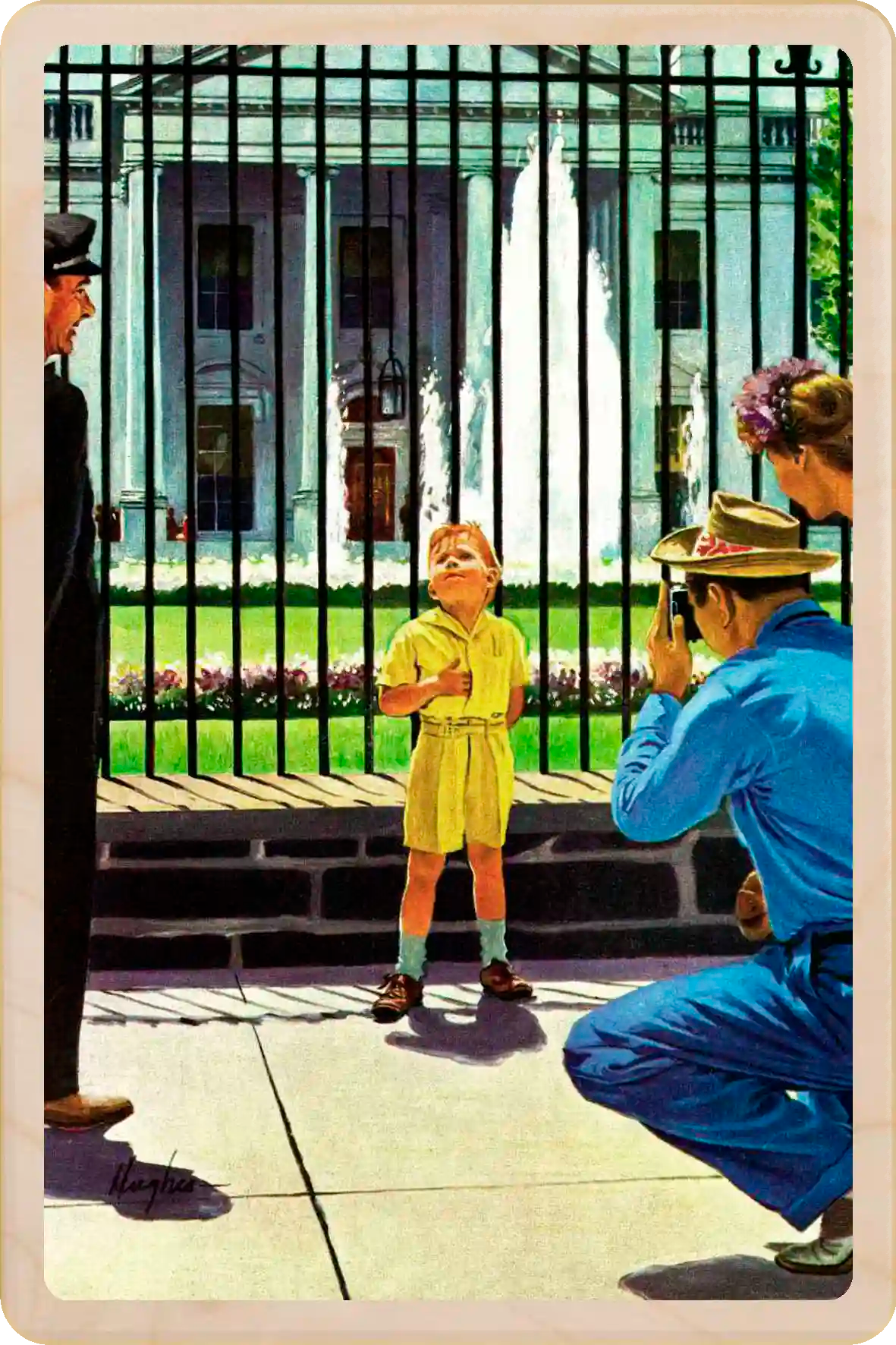 Future President, wooden postcard to send and keep and display. Originally created as a cover for the Saturday Evening Post, 1948. George Hughes ©The Saturday Evening Post. The Wooden Postcard Company