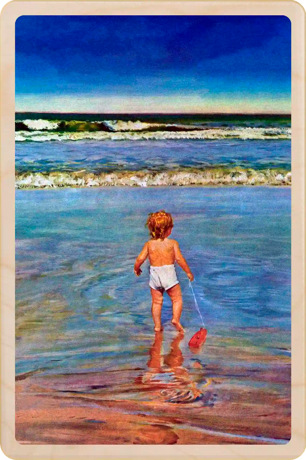 Baby at the Beach, wooden postcard to send and keep and display. Originally created as a cover for the Saturday Evening Post, 1949. Austin Briggs ©The Saturday Evening Post. The Wooden Postcard Company