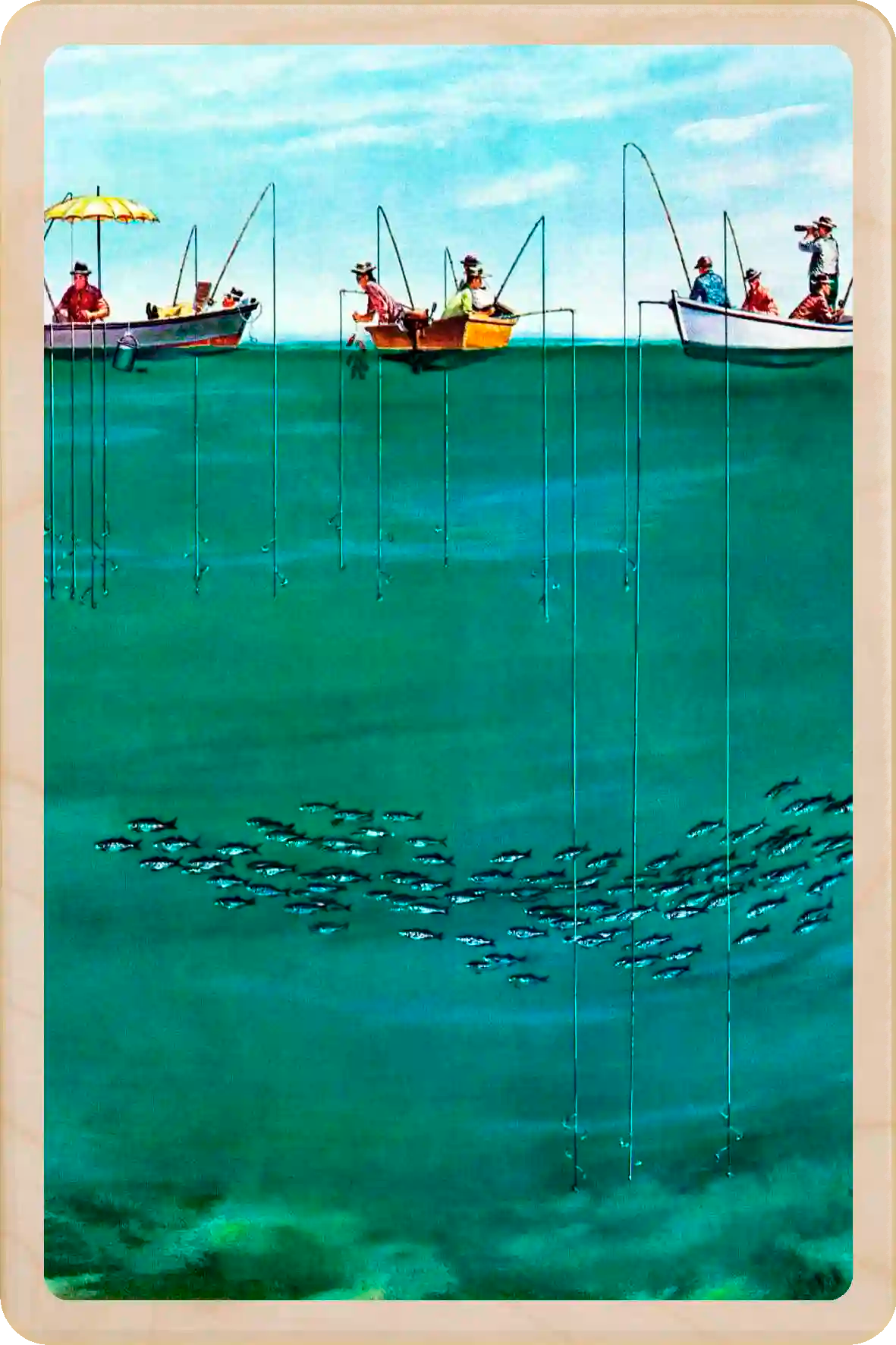 School of Fish Among Lines, wooden postcard to send and keep and display. Originally created as a cover for the Saturday Evening Post, 1954. Thornton Utz ©The Saturday Evening Post. The Wooden Postcard Company