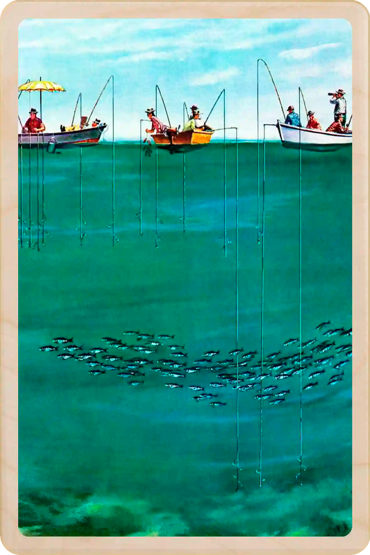 School of Fish Among Lines, wooden postcard to send and keep and display. Originally created as a cover for the Saturday Evening Post, 1954. Thornton Utz ©The Saturday Evening Post. The Wooden Postcard Company