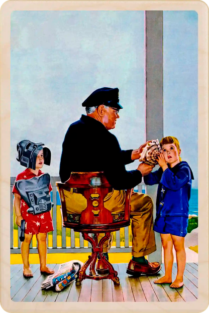 Summer by the Sea, wooden postcard to send and keep and display. Originally created as a cover for the Saturday Evening Post, 1956. John Philip Falter ©The Saturday Evening Post. The Wooden Postcard Company