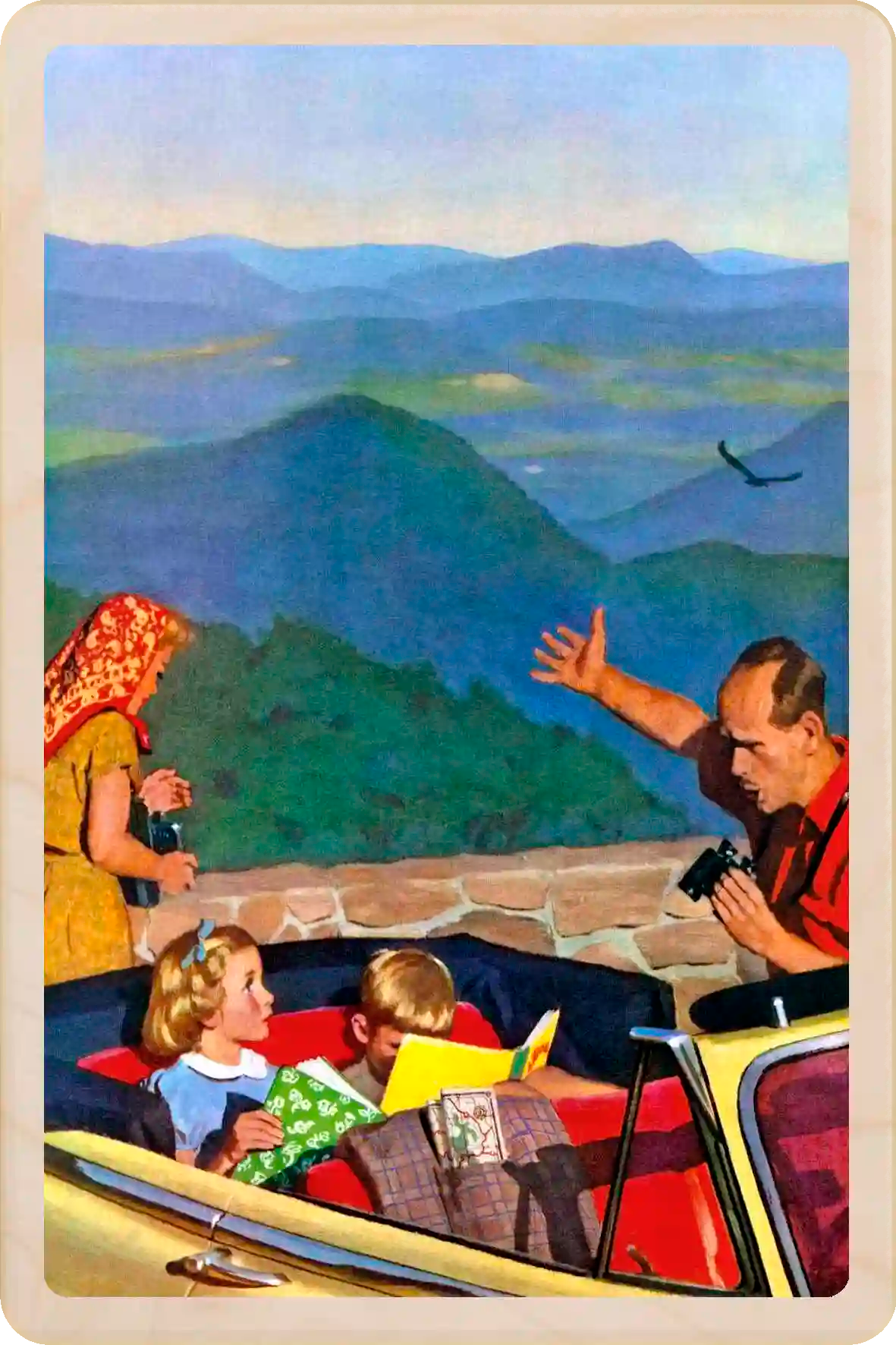 Lookout Point, wooden postcard to send and keep and display. Originally created as a cover for the Saturday Evening Post, 1953. Richard Sargeant ©The Saturday Evening Post. The Wooden Postcard Company