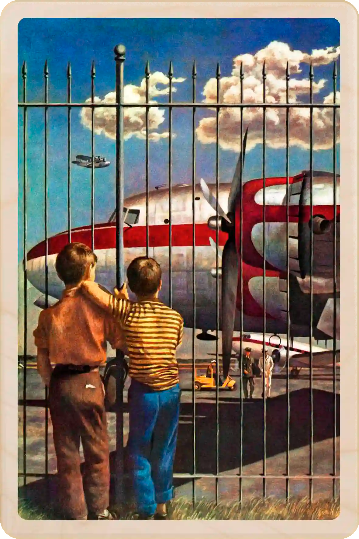 Boys at Airport, wooden postcard to send and keep and display. Originally created as a cover for the Saturday Evening Post, 1953. Richard Sargeant ©The Saturday Evening Post. The Woden Postcard Company