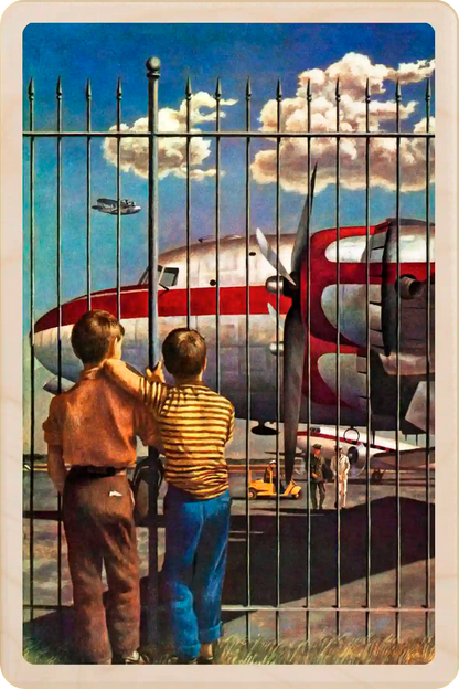 Boys at Airport, wooden postcard to send and keep and display. Originally created as a cover for the Saturday Evening Post, 1953. Richard Sargeant ©The Saturday Evening Post. The Woden Postcard Company