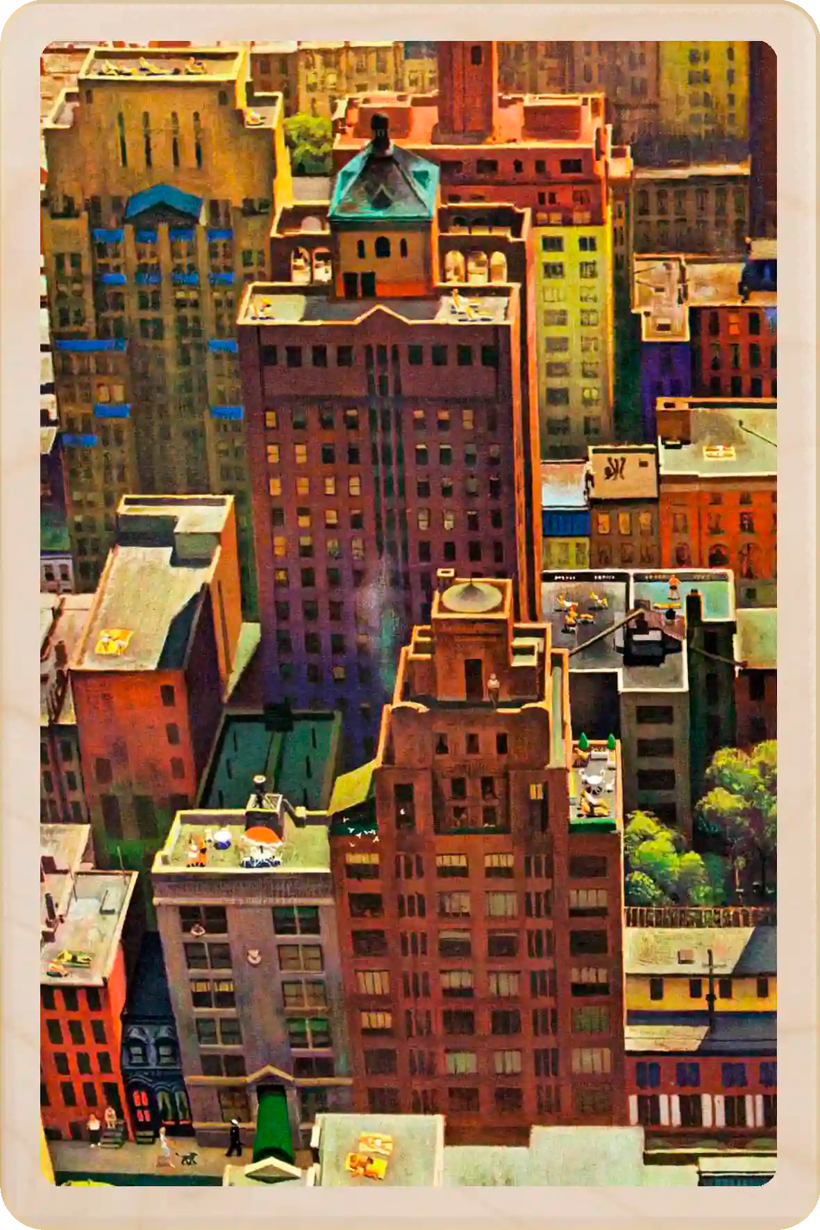 Summer in the City, wooden postcard to send and keep and display. Originally created as a cover for the Saturday Evening Post. John Falter ©The Saturday Evening Post. The Wooden Postcard Company