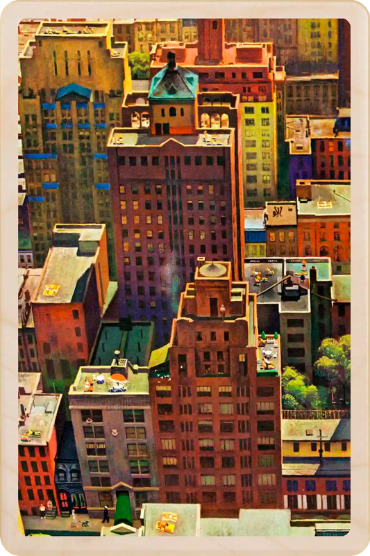 Summer in the City, wooden postcard to send and keep and display. Originally created as a cover for the Saturday Evening Post. John Falter ©The Saturday Evening Post. The Wooden Postcard Company