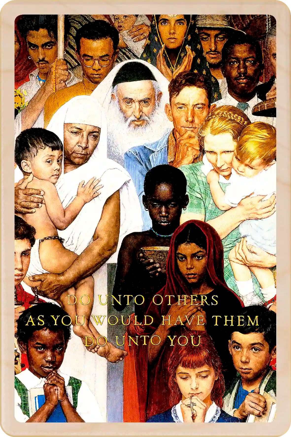The Golden Rule, wooden postcard to send, gift and keep and display. Originally created as a cover for the Saturday Evening Post, 1961. Norman Rockwell ©The Saturday Evening Post. The Wooden Postcard Company