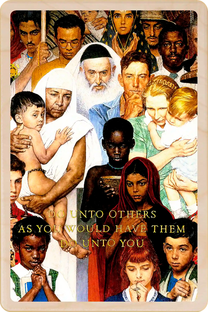 The Golden Rule, wooden postcard to send, gift and keep and display. Originally created as a cover for the Saturday Evening Post, 1961. Norman Rockwell ©The Saturday Evening Post. The Wooden Postcard Company