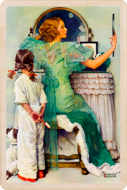 Going Out, wooden postcard to send and keep and display. Originally created as a cover for the Saturday Evening Post, 1933. Norman Rockwell ©The Saturday Evening Post. The Wooden Postcard Company