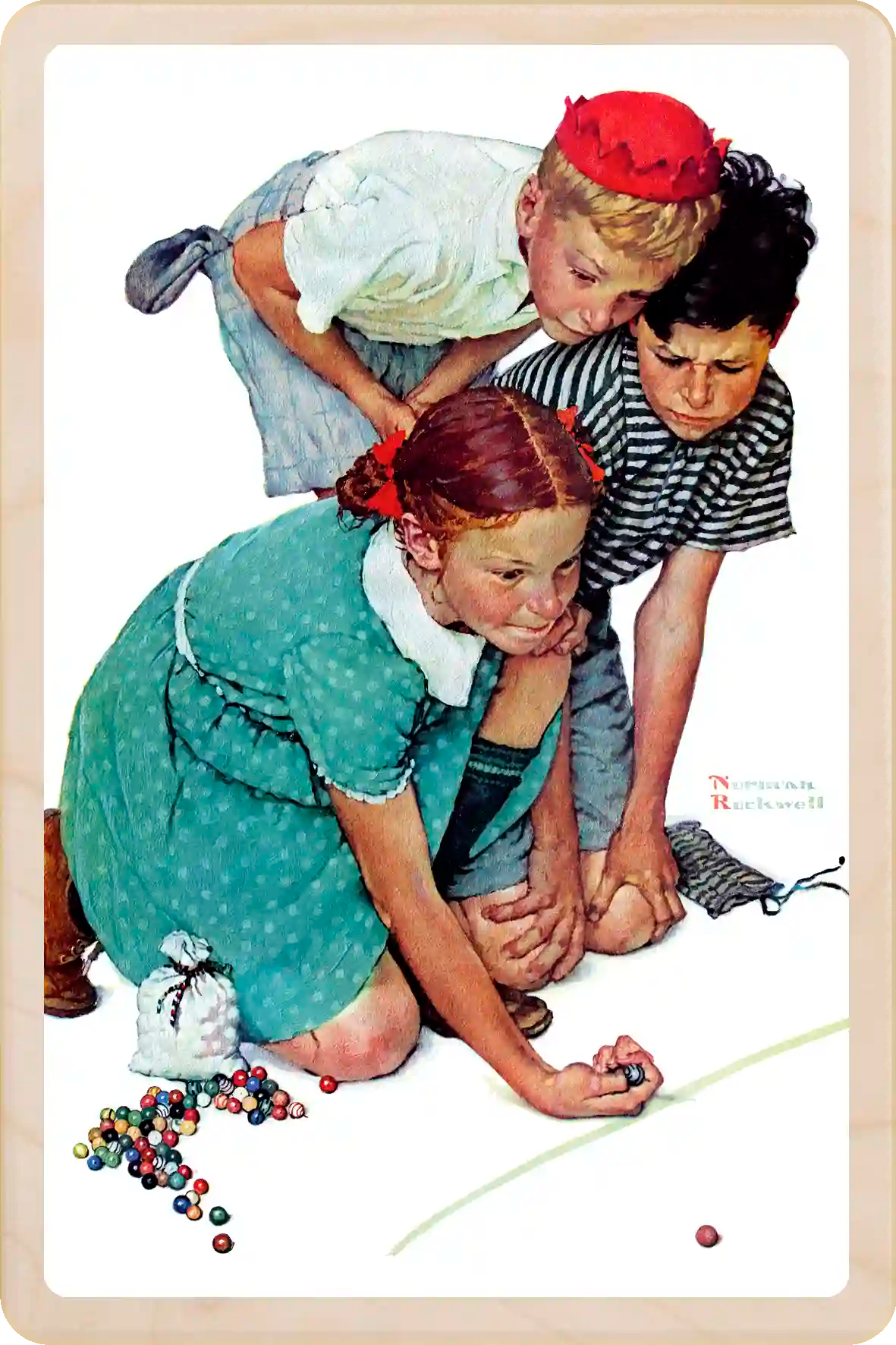Marbles Champion, wooden postcard to send and keep and display. Originally created as a cover for the Saturday Evening Post, 1953. Norman Rockwell ©The Saturday Evening Post. The Wooden Postcard Company
