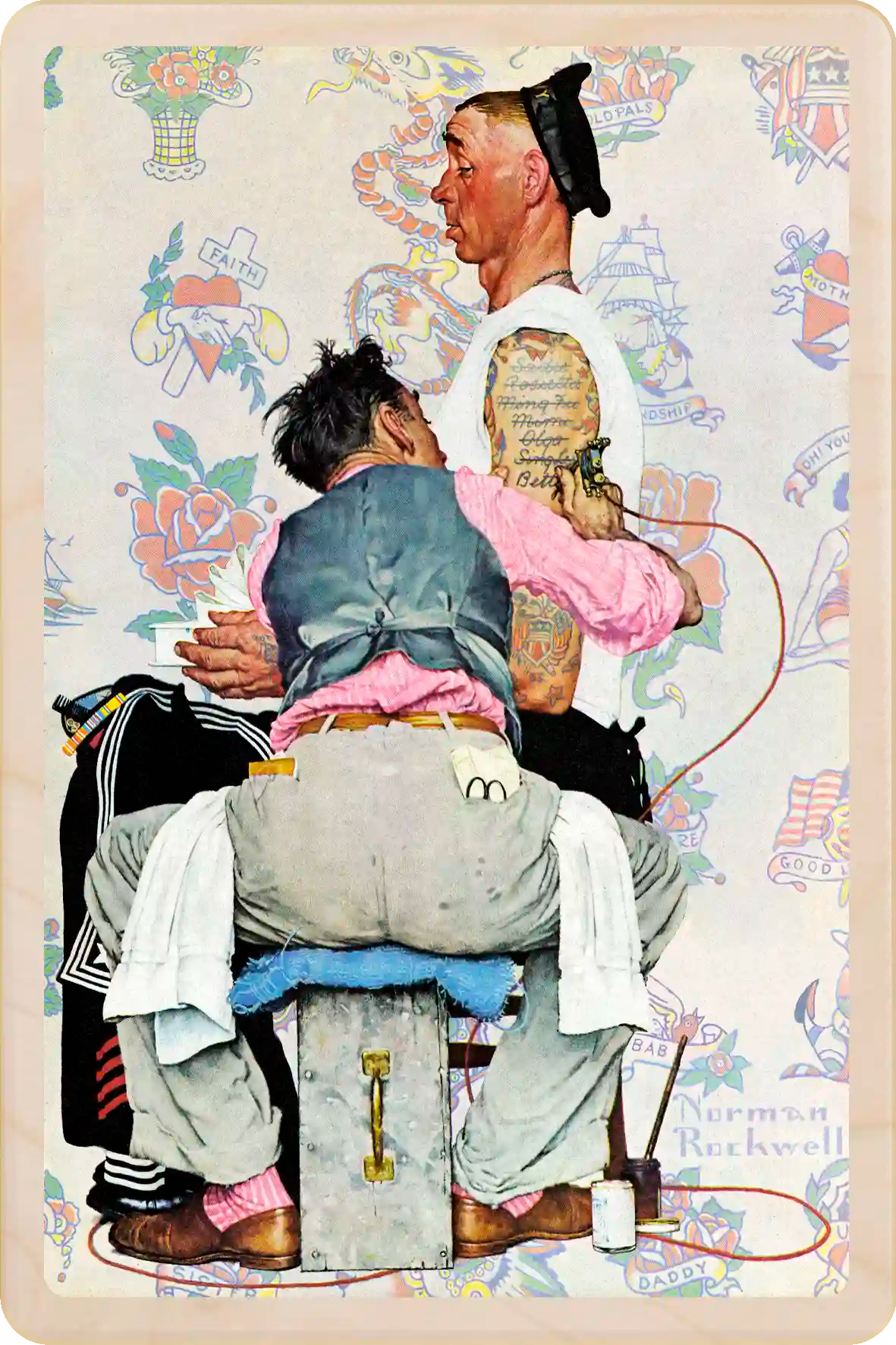 Tattoo Artist, or, Skin Deep. Wooden postcard to send and keep and display. Originally created as a cover for the Saturday Evening Post, 1944. Norman Rockwell ©The Saturday Evening Post. The Wooden Postcard Company