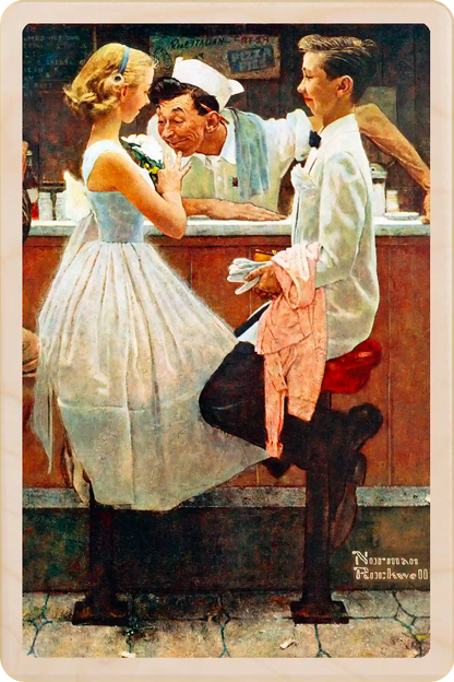 Prom Night, wooden postcard to send and keep and display. Originally created as a cover for the Saturday Evening Post, 1957. Norman Rockwell ©The Saturday Evening Post. The Wooden Postcard Company
