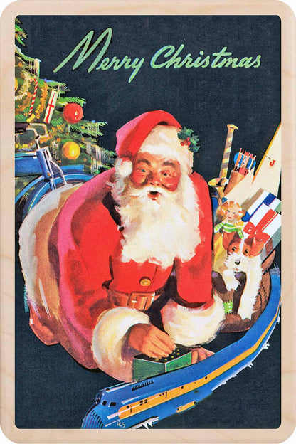 Santa by Norman Rockwell, The Saturday Evening Post, wooden Christmas card. The Wooden Postcard Company