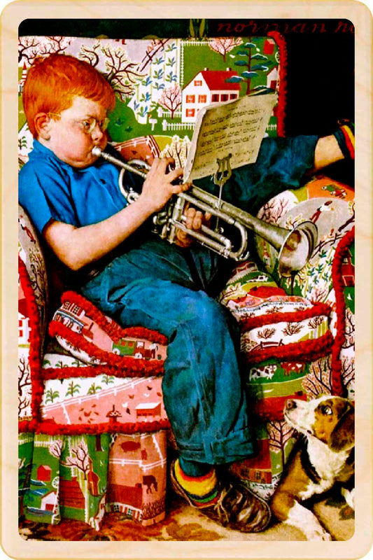 Trumpet Practice - Christmas Card – Wooden Postcard

Original illustration Norman Rockwell ©Saturday Evening Post, printed on sustainable wood. A beautifully detailed postcard you can send, display, or tuck into a stocking.