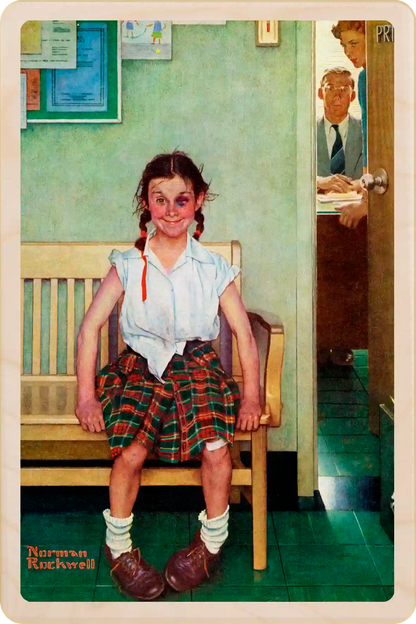 The Shiner, or Outside the Principal's Office. Wooden postcard to send and keep and display. Originally created as a cover for the Saturday Evening Post, 1953. Norman Rockwell ©The Saturday Evening Post. The Wooden Postcard Company