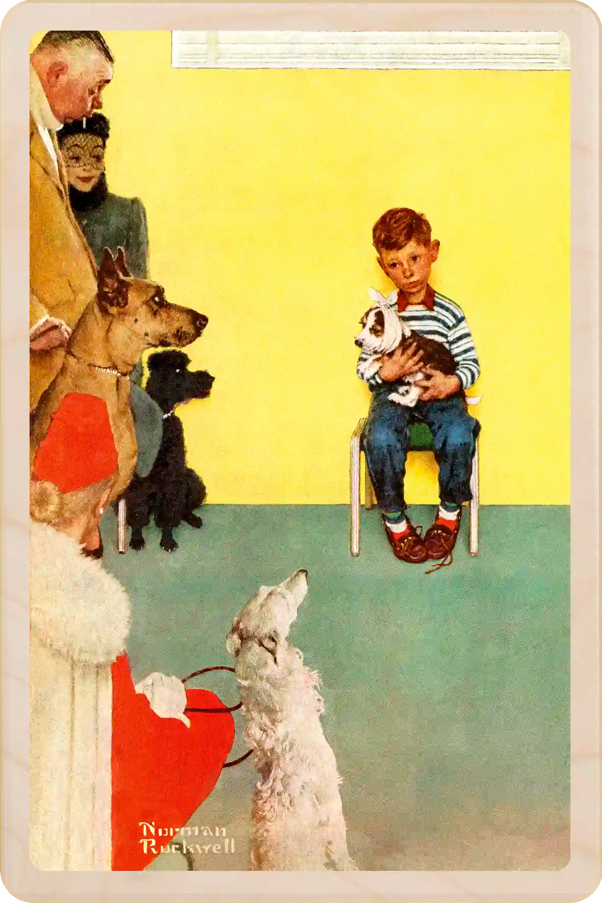 At The Vets, wooden postcard to send and keep and display. Originally created as a cover for the Saturday Evening Post, 1959. Norman Rockwell ©The Saturday Evening Post. The Wooden Postcard Company