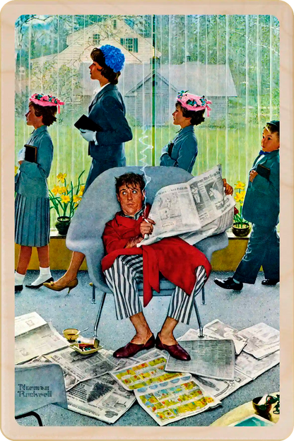 Sunday Morning, wooden postcard to send and keep and display. Originally created as a cover for the Saturday Evening Post, 1959. Norman Rockwell ©The Saturday Evening Post. The Wooden Postcard Company