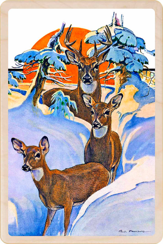 Illustration of deer in a snowy landscape with a sunset sky. Snow Drifts - Christmas Card – Wooden Postcard

Original Winter illustration ©Saturday Evening Post, printed on sustainable wood. A beautifully detailed postcard you can send, display, or tuck into a stocking.