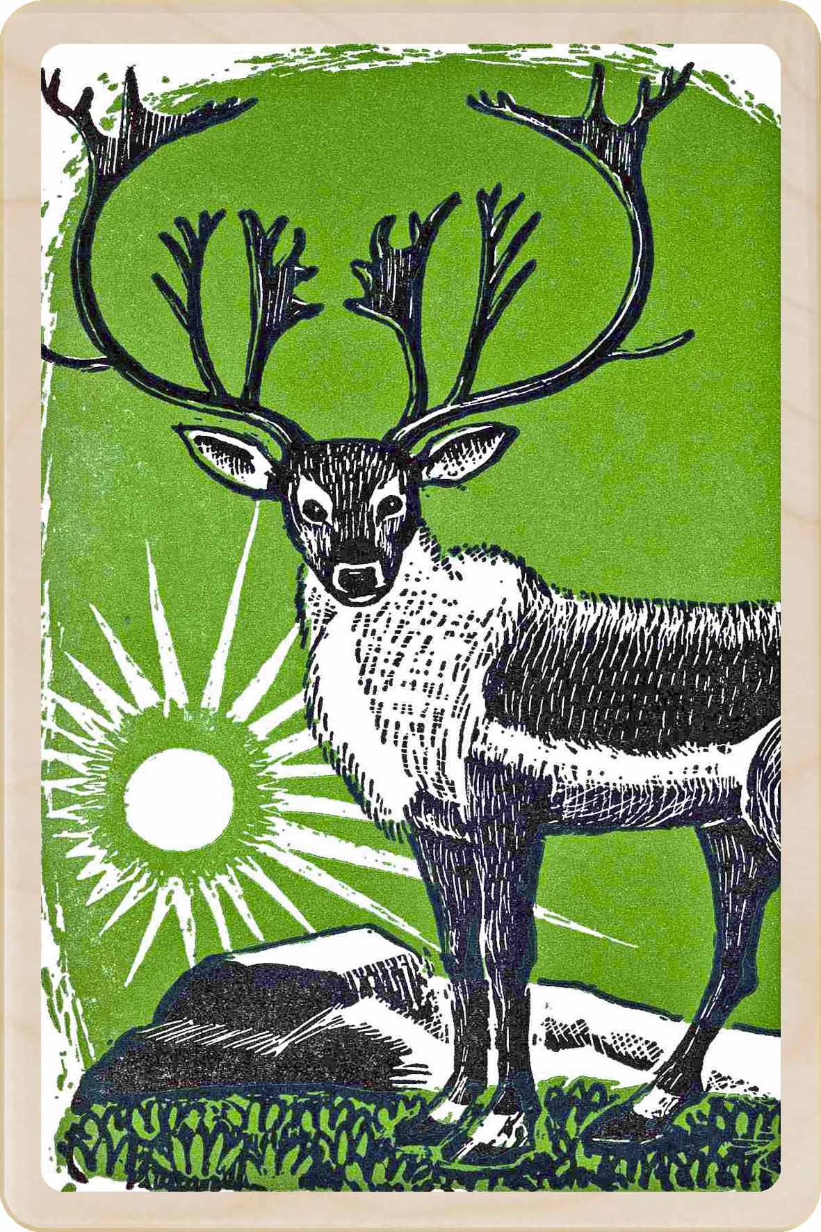 A wooden postcard featuring a linocut illustration of a reindeer with antlers, set against a green background with a sun motif. Winter Sun - Christmas Card – Wooden Postcard

Original Winter illustration ©Saturday Evening Post, printed on sustainable wood. A beautifully detailed postcard you can send, display, or tuck into a stocking.