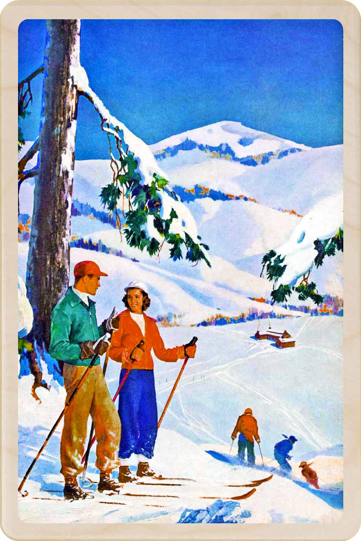 Vintage-style illustration of skiers on a snowy mountain landscape. Winter Paradise - Christmas Card – Wooden Postcard

Original Winter illustration ©Saturday Evening Post, printed on sustainable wood. A beautifully detailed postcard you can send, display, or tuck into a stocking.