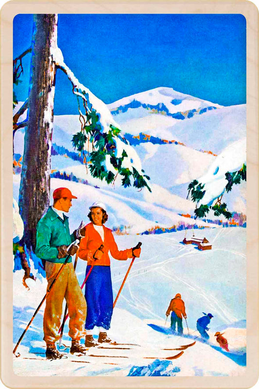 Vintage-style illustration of skiers on a snowy mountain landscape. Winter Paradise - Christmas Card – Wooden Postcard

Original Winter illustration ©Saturday Evening Post, printed on sustainable wood. A beautifully detailed postcard you can send, display, or tuck into a stocking.