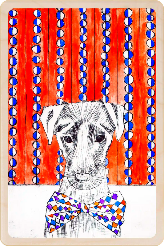 Wooden postcard featuring a sketch-style portrait of a dog wearing a colorful geometric bow tie, set against a red background withl blue-and-white patterns. The Wooden Postcard Company