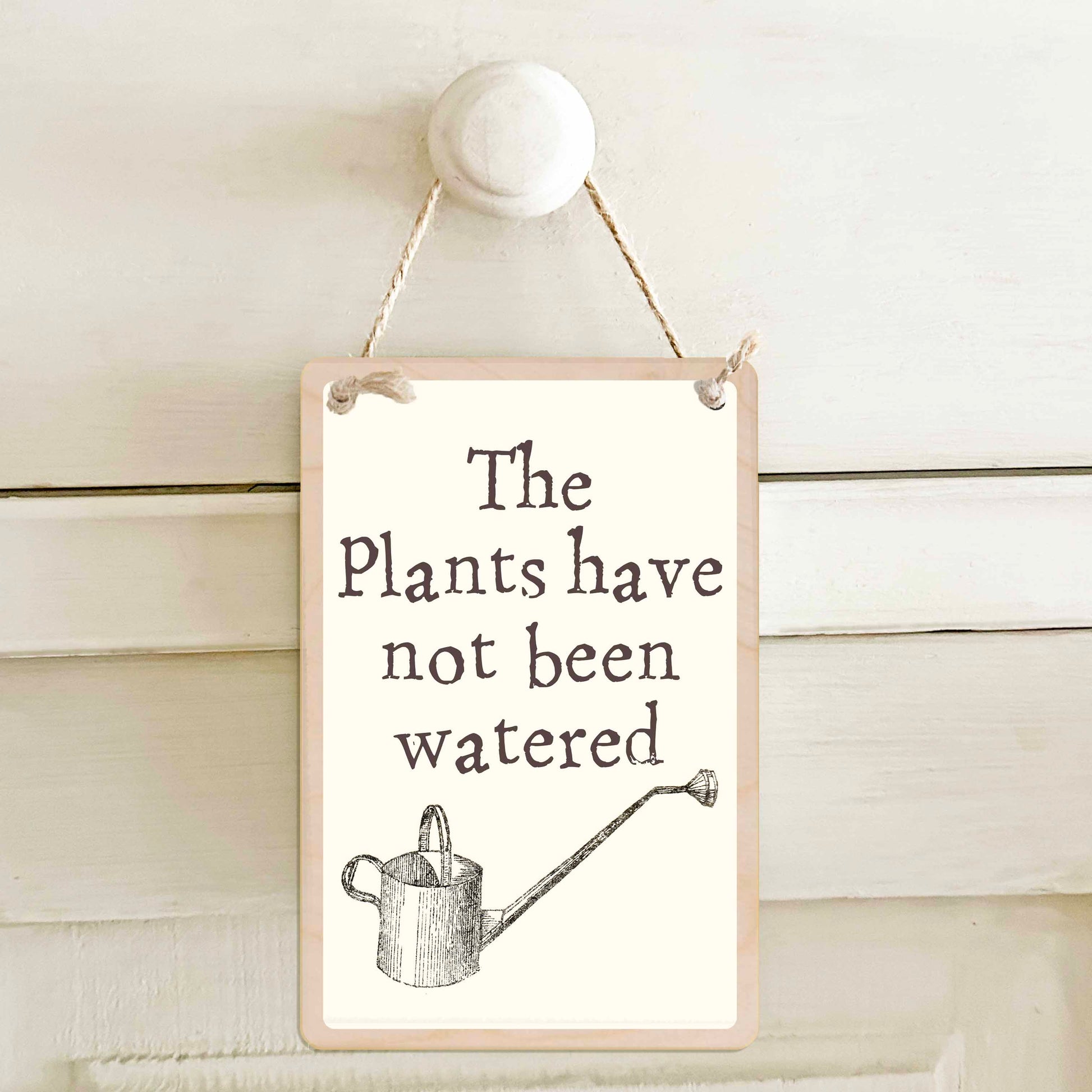 The plants have been watered / The plants have not been watered - Double-sided wooden mini sign.

Made from certified sustainable wood and printed on both sides with a fun, practical message and retro illustration.

15 × 10 cm sustainable wood, natural twine.&nbsp;

Light and durable, eco-friendly, ready to hang.

Made in Suffolk.&nbsp;