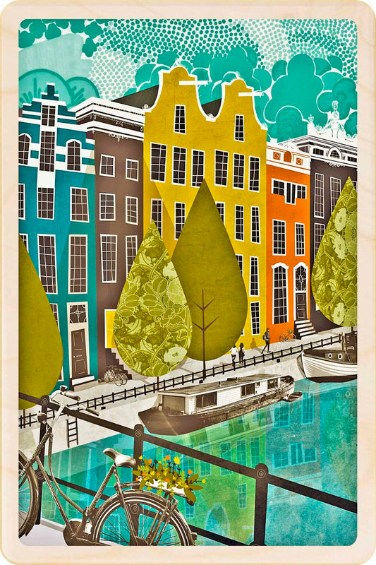 Amsterdam - Wooden Postcard, illustration by Emy Lou Holmes, printed in Suffolk on sustainably sourced wood. Eco-friendly card you can send, gift, or display.