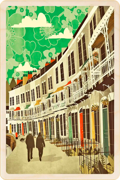 Royal York Crescent, Bristol Wooden Postcard. Original art by Emy Lou Holmes, printed in Suffolk on sustainably sourced wood. Eco-friendly card you can send, gift, or display. The Wooden Postcard Company