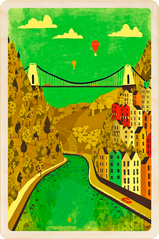 Clifton Bridge Bristol Wooden Postcard. Original art by Emy Lou Holmes, printed in Suffolk on sustainably sourced wood. Eco-friendly card you can send, gift, or display. The Wooden Postcard Company