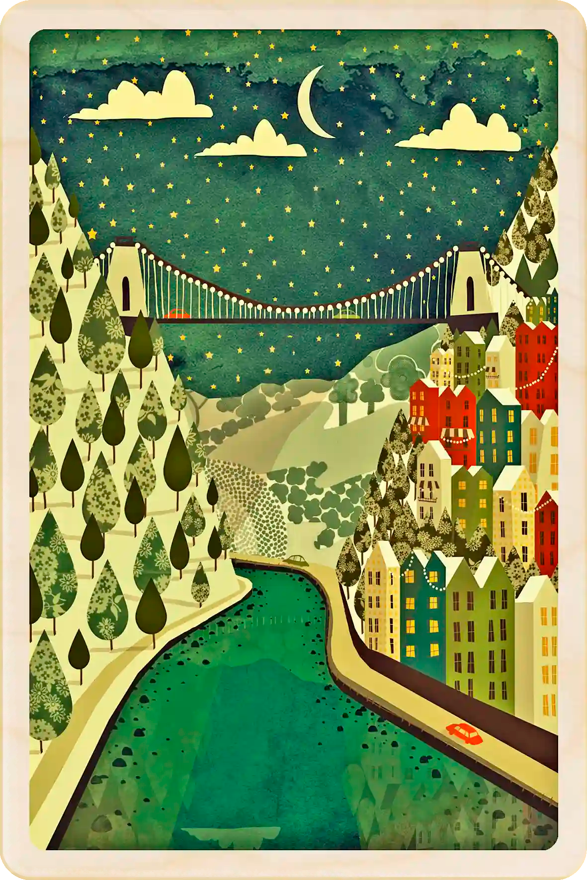 Clifton Bridge, Bristol Wooden Postcard, illustration by Emy Lou Holmes, printed in Suffolk on sustainably sourced wood. Eco-friendly card you can send, gift, or display. The Wooden Postcard Company
