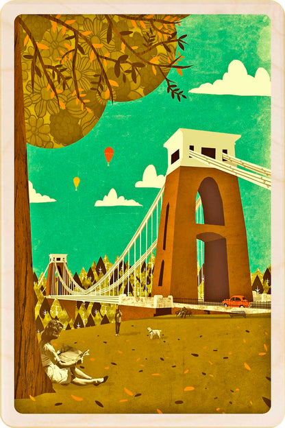 Clifton Bridge, Bristol Wooden Postcard, illustration by Emy Lou Holmes, printed in Suffolk on sustainably sourced wood. Eco-friendly card you can send, gift, or display. The Wooden Postcard Company