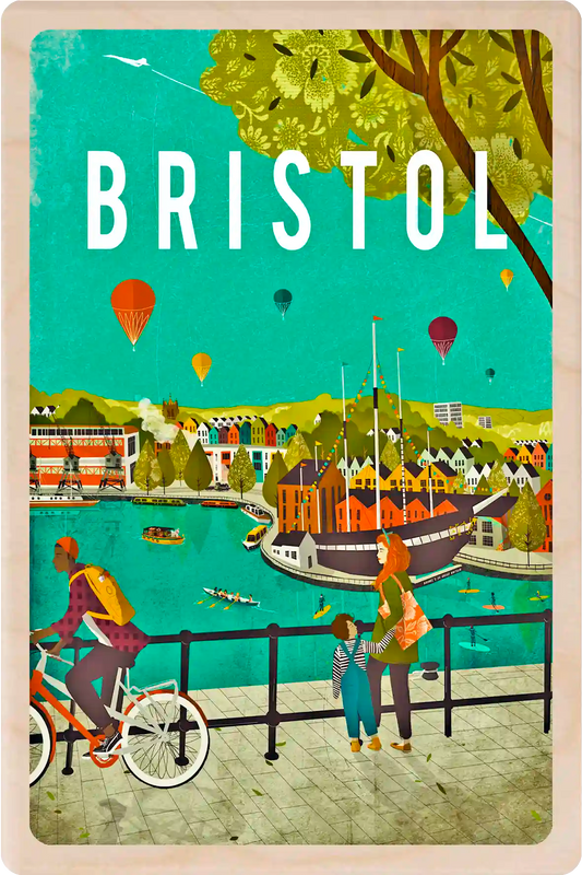 Bristol Wooden Postcard, illustration by Emy Lou Holmes, printed in Suffolk on sustainably sourced wood. Eco-friendly card you can send, gift, or display. The Wooden Postcard Company