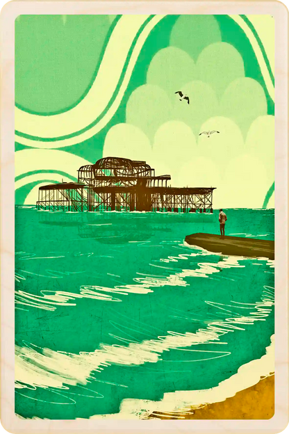 Brighton, the Old Pier, Sussex. Wooden Postcard, illustration by Emy Lou Holmes. Printed in Suffolk on sustainably sourced wood. Eco-friendly card you can send, gift, or keep and display.