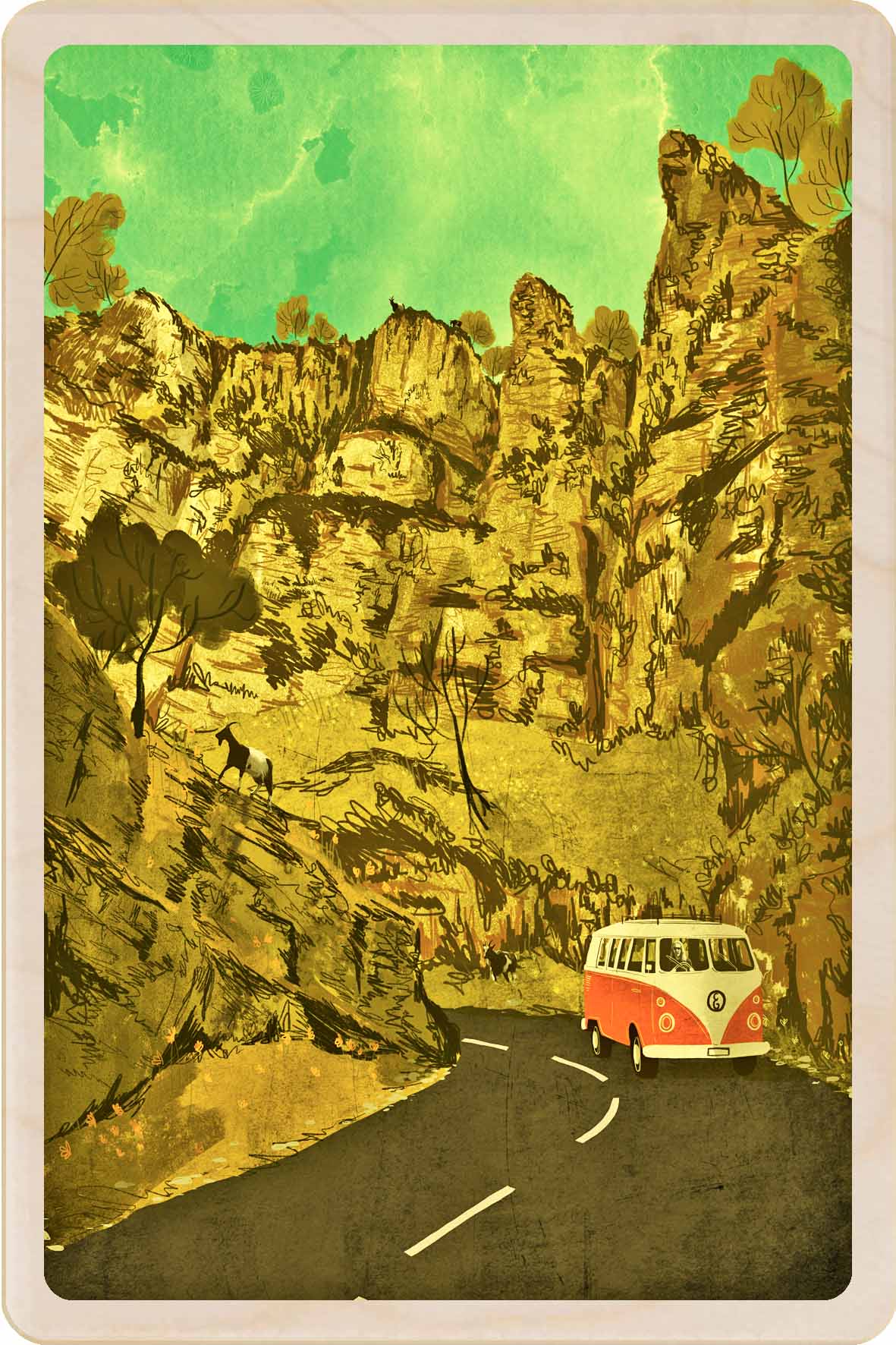 Cheddar Gorge, Somerset - Wooden Postcard, illustration by Emy Lou Holmes, printed in Suffolk on sustainably sourced wood. Eco-friendly card you can send, gift, or display.