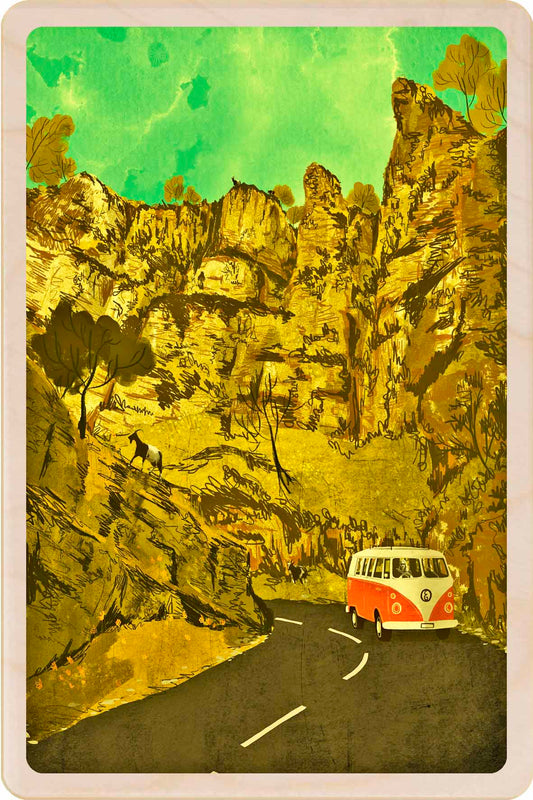 Cheddar Gorge, Somerset - Wooden Postcard, illustration by Emy Lou Holmes, printed in Suffolk on sustainably sourced wood. Eco-friendly card you can send, gift, or display.
