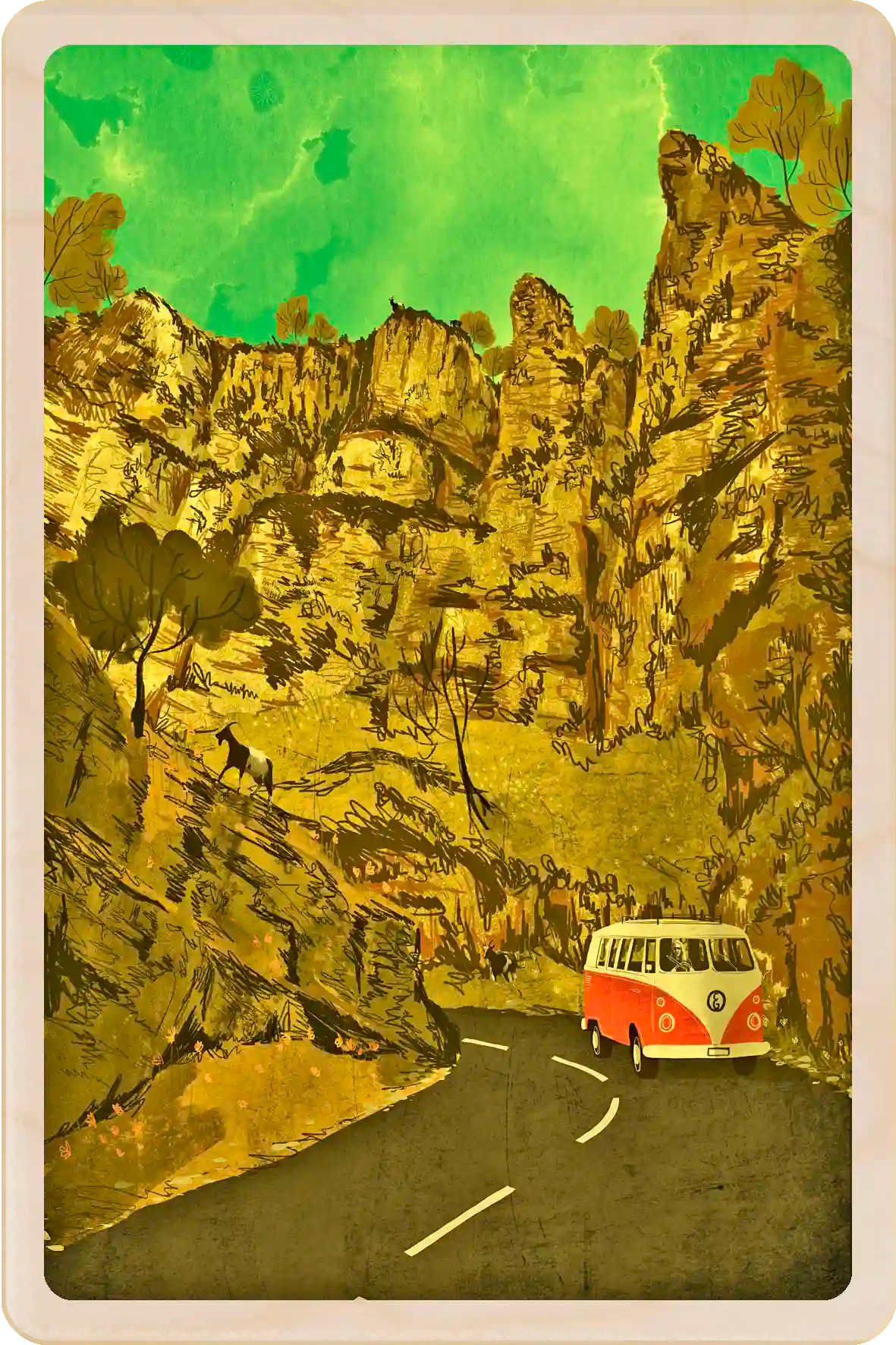 Cheddar Gorge, Somerset, wooden postcard. Illustration by Emy Lou Holmes, printed in Suffolk on sustainably sourced wood. Eco-friendly card you can send, gift, or keep and display. (note the goats :-)