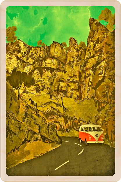 Cheddar Gorge, Somerset, wooden postcard. Illustration by Emy Lou Holmes, printed in Suffolk on sustainably sourced wood. Eco-friendly card you can send, gift, or keep and display. (note the goats :-)