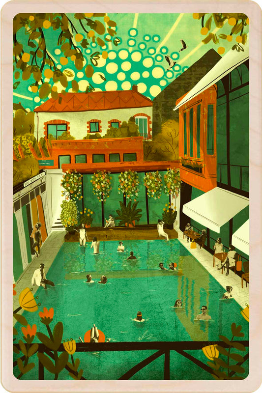 Clifton Lido, Bristol Wooden Postcard, illustration by Emy Lou Holmes, printed in Suffolk on sustainably sourced wood. Eco-friendly card you can send, gift, or display.