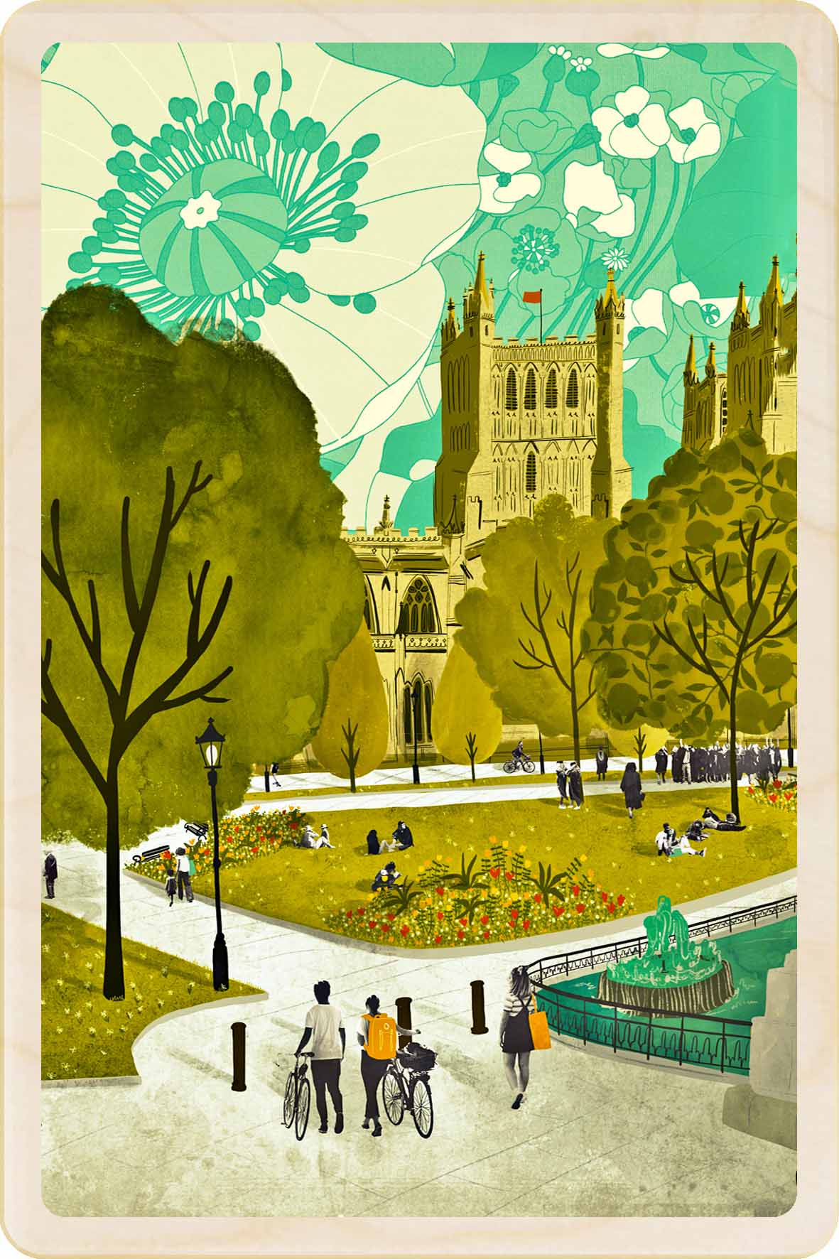 College Bridge, Bristol Wooden Postcard, illustration by Emy Lou Holmes, printed in Suffolk on sustainably sourced wood. Eco-friendly card you can send, gift, or display. The Wooden Postcard Company