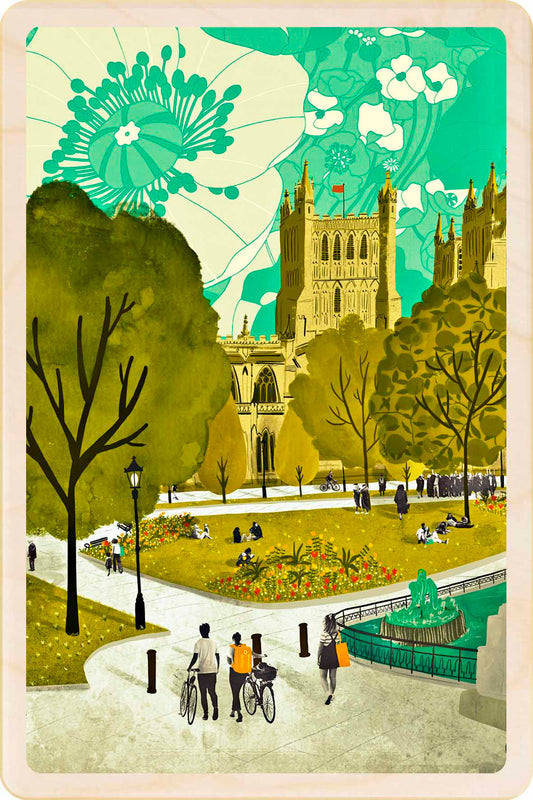 College Bridge, Bristol Wooden Postcard, illustration by Emy Lou Holmes, printed in Suffolk on sustainably sourced wood. Eco-friendly card you can send, gift, or display. The Wooden Postcard Company
