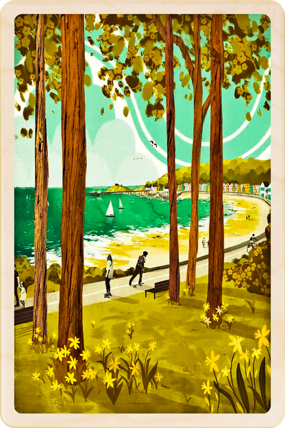 Mumbles, Wales Wooden Postcard, illustration by Emy Lou Holmes, printed in Suffolk on sustainably sourced wood. Eco-friendly card you can send, gift, or display.