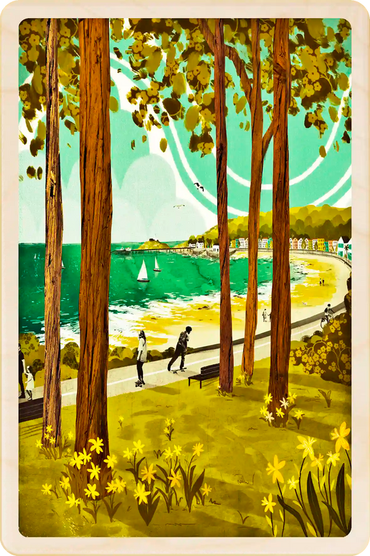 Mumbles, Wales Wooden Postcard, illustration by Emy Lou Holmes, printed in Suffolk on sustainably sourced wood. Eco-friendly card you can send, gift, or display.